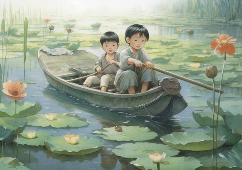 绿色盛夏清新兄弟荷塘戏水插画背景,插画/手绘图,插画/手绘图库,插画/手绘图下载,插画/手绘